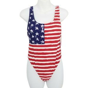 Xhilaration Womens Red White Blue Striped USA Flag One Piece Swimsuit Size M